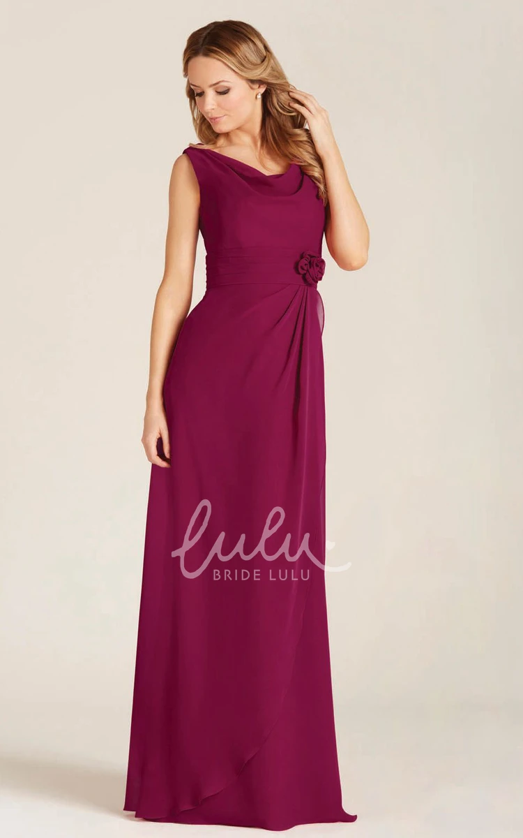 Draped Cowl-Neck Chiffon Bridesmaid Dress Floor-Length with Flower and Zipper