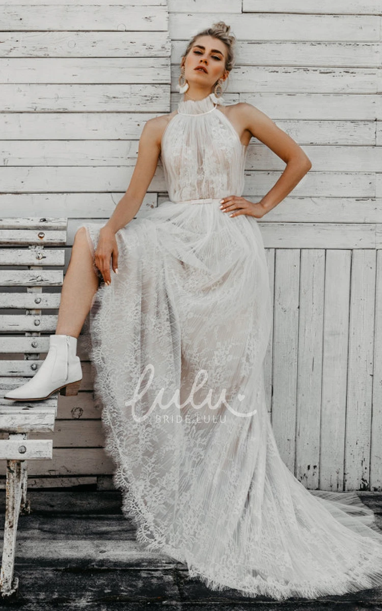 Bohemian Halter Neckline A-Line Tulle Wedding Dress with Illusion Back Beach Wedding Dress