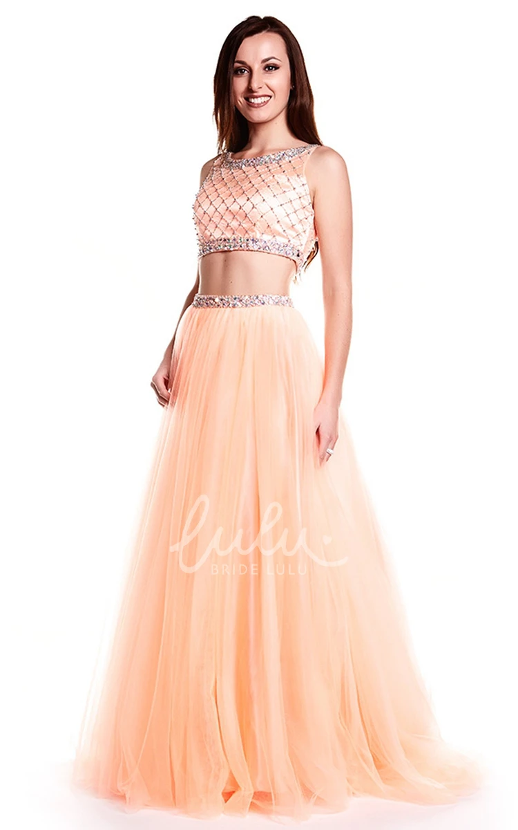 Sleeveless A-Line Beaded Tulle Prom Dress with Illusion Back