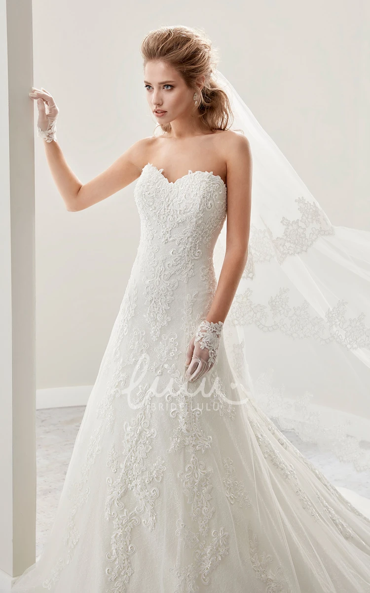 Embroidered Lace Strapless A-Line Wedding Dress with Half Back