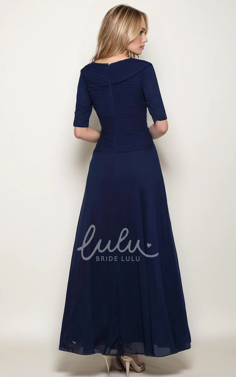 Simple Casual Modest A-Line V-Neck Ankle-Length Chiffon Half Sleeves Mother of the Bride Dress