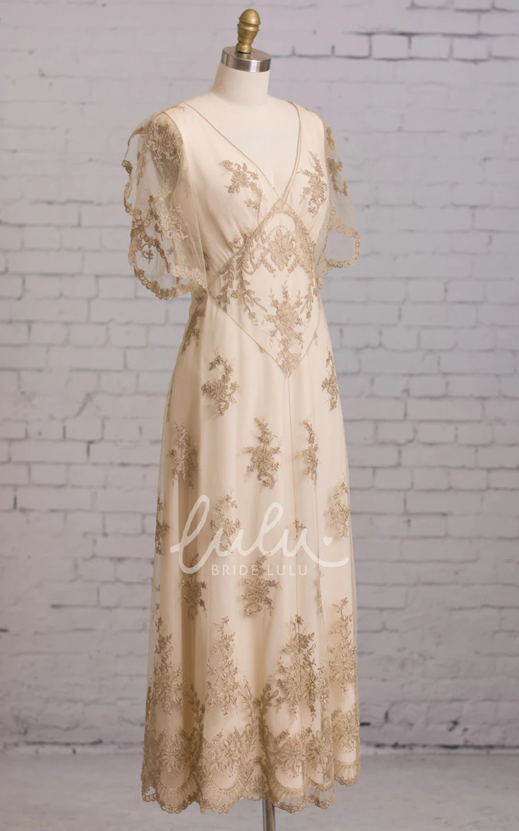Embroidered V-Neck Sheath Wedding Dress with Butterfly Sleeves and Brush Train
