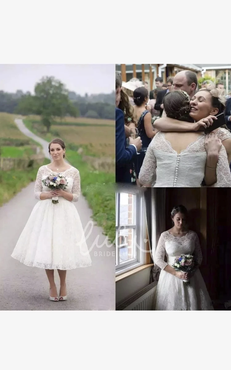 Vintage Tea-length Wedding Dress with Illusion Lace Sleeves and Buttons