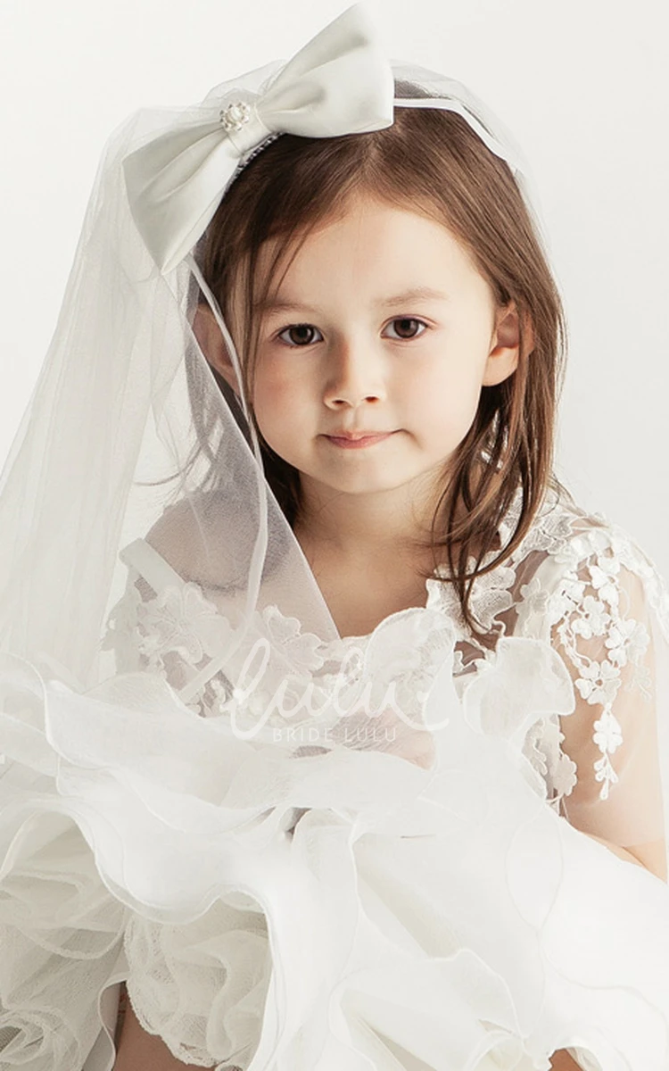 Beaded Bow Tulle Flower Girl Veil Wedding Accessory for Girls