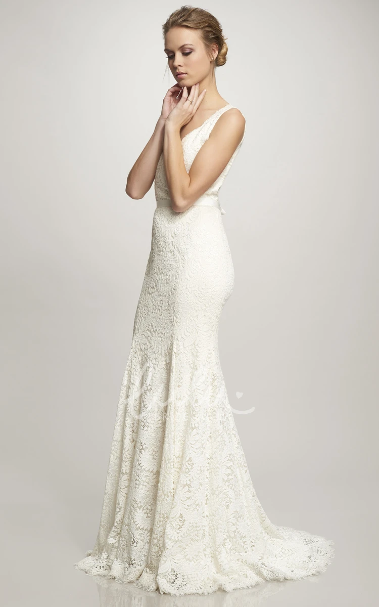 Bowed V-Neck Lace Wedding Dress with Brush Train Unique Bridal Gown