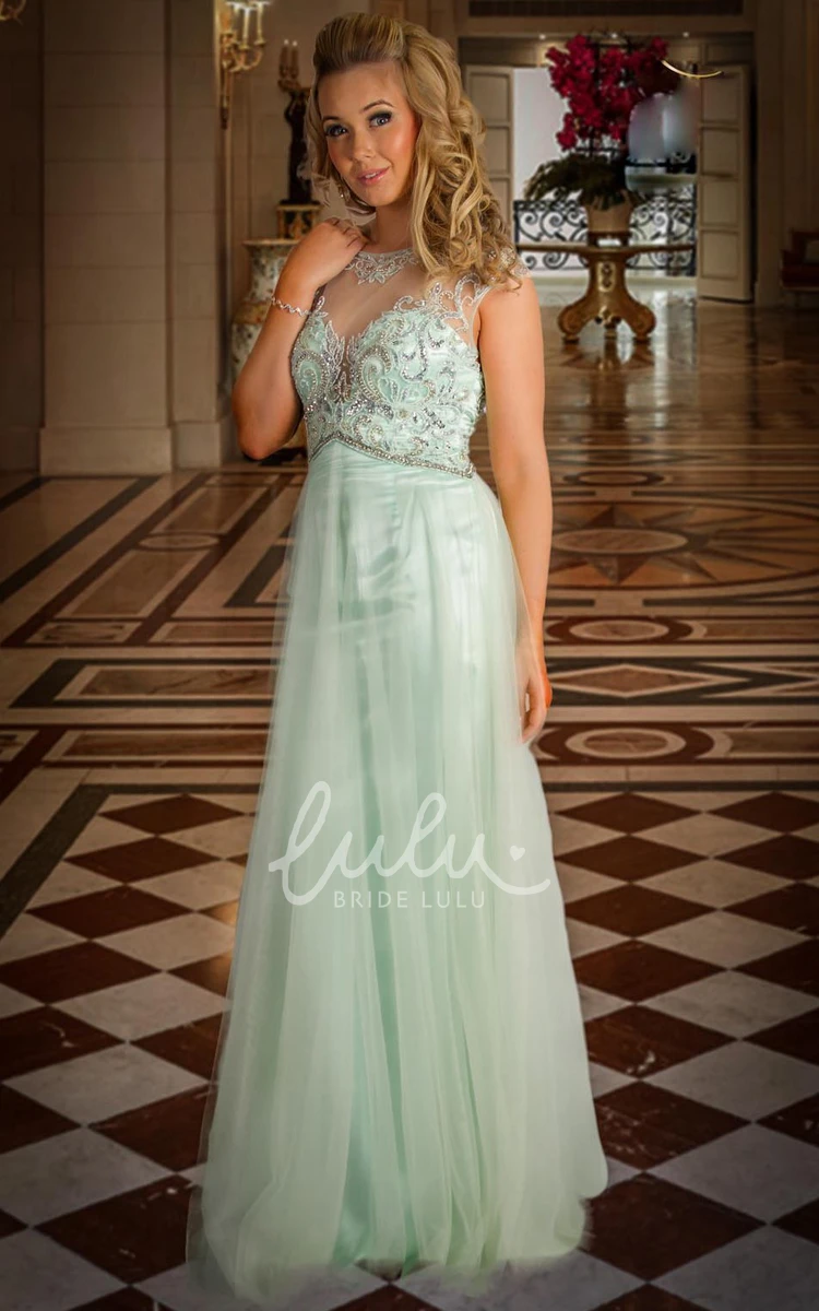 Cap-Sleeve Jewel-Neck Beaded Tulle Prom Dress with Pleats Sheath Floor-Length Unique Sequins