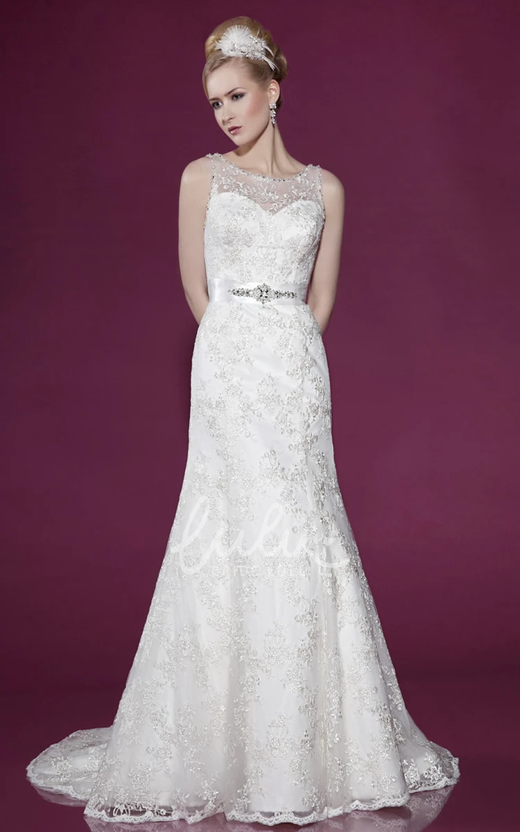 Satin Bateau Wedding Dress with Court Train and Bow Classic Bridal Gown