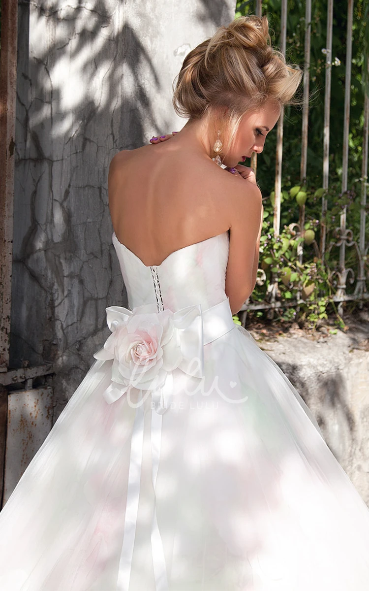 Sweetheart Tulle Ball Gown with Flower and Corset Back Floor-Length Wedding Dress