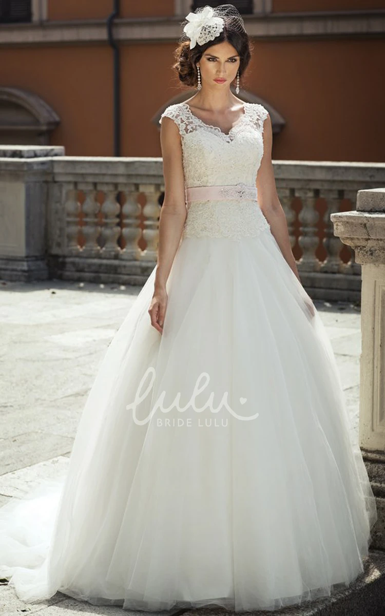 V-Neck Tulle Ball Gown Wedding Dress with Cap Sleeves and Waist Jewellery