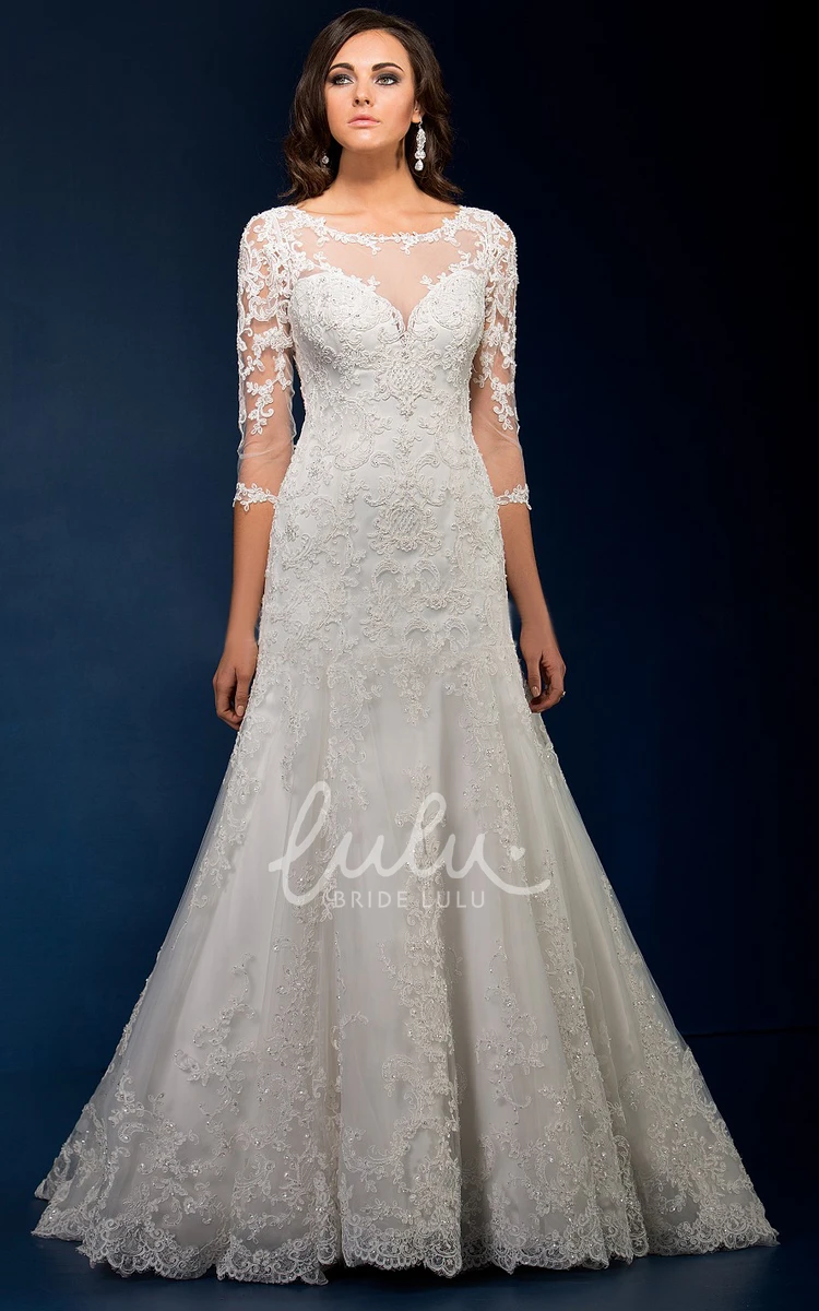 Long Sleeve Wedding Dress with Keyhole Back and Appliques Elegant Bridal Gown
