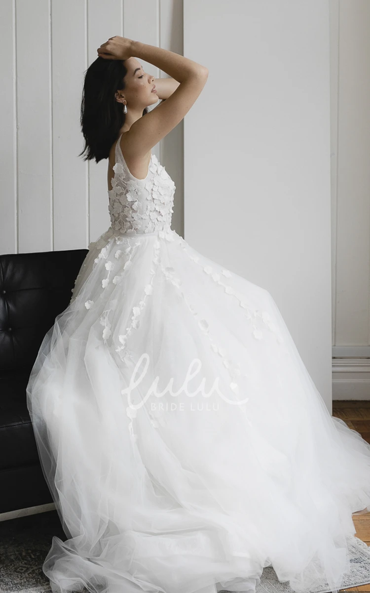 Romantic Sleeveless Bridal Ballgown with Lace Appliques and Tulle Skirt and Plunging V-Neck