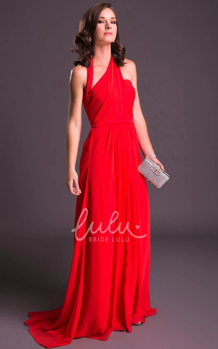 Halter Chiffon Floor-Length Sheath Prom Dress with Sleeveless Design Flowy Prom Dress