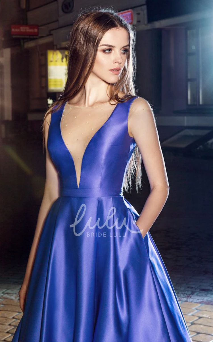 Sleeveless V-Neck Satin A-Line Formal Dress with High-Low Hem