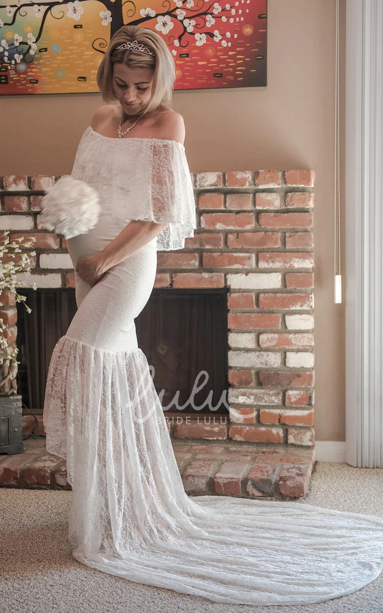 Half Sleeve Mermaid Maternity Wedding Dress with Court Train and Empire Waist