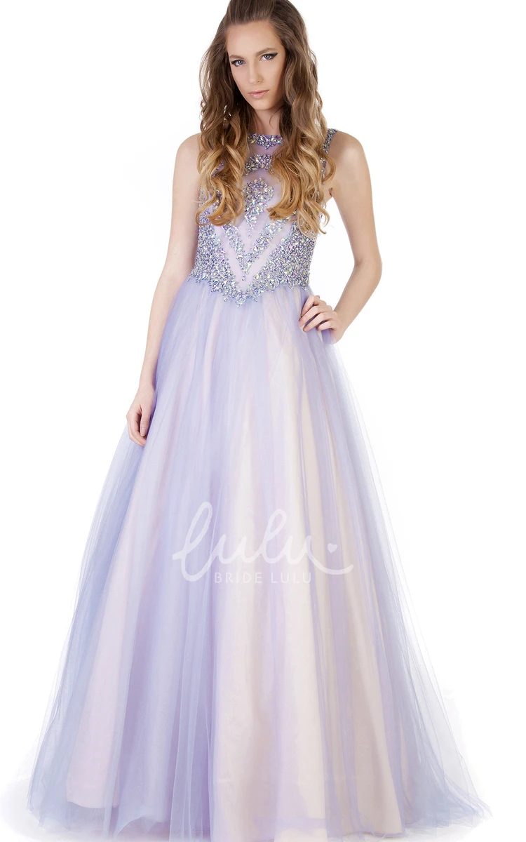 Jewel-Neck A-Line Tulle&Satin Prom Dress Sleeveless and Beaded Floor-Length