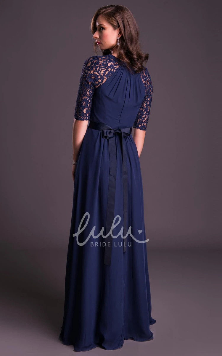Appliqued Chiffon Waist Jewellery Prom Dress A-Line Half-Sleeve Floor-Length With Bow