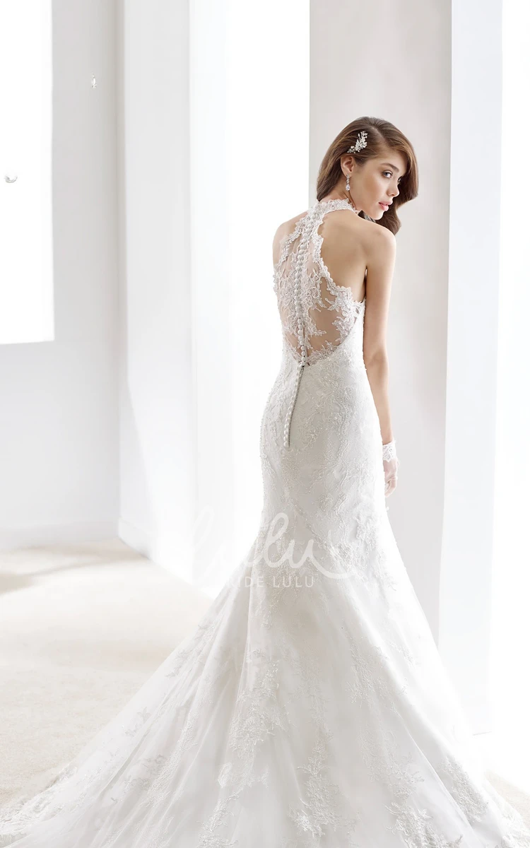 Lace Mermaid Wedding Dress with High Neckline and Brush Train
