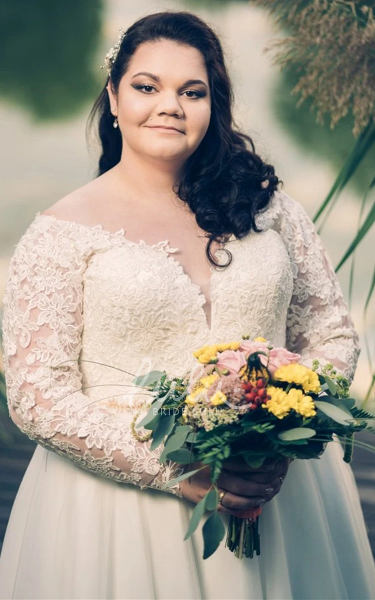 Long Sleeved A Line Lace Wedding Dress with V-neck and Floor-length