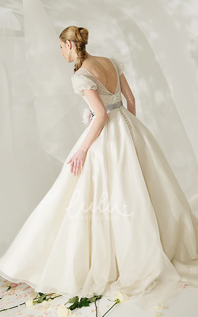 Long Tulle&Satin Wedding Dress with Flower and V Back A-Line High Neck Puff-Sleeve