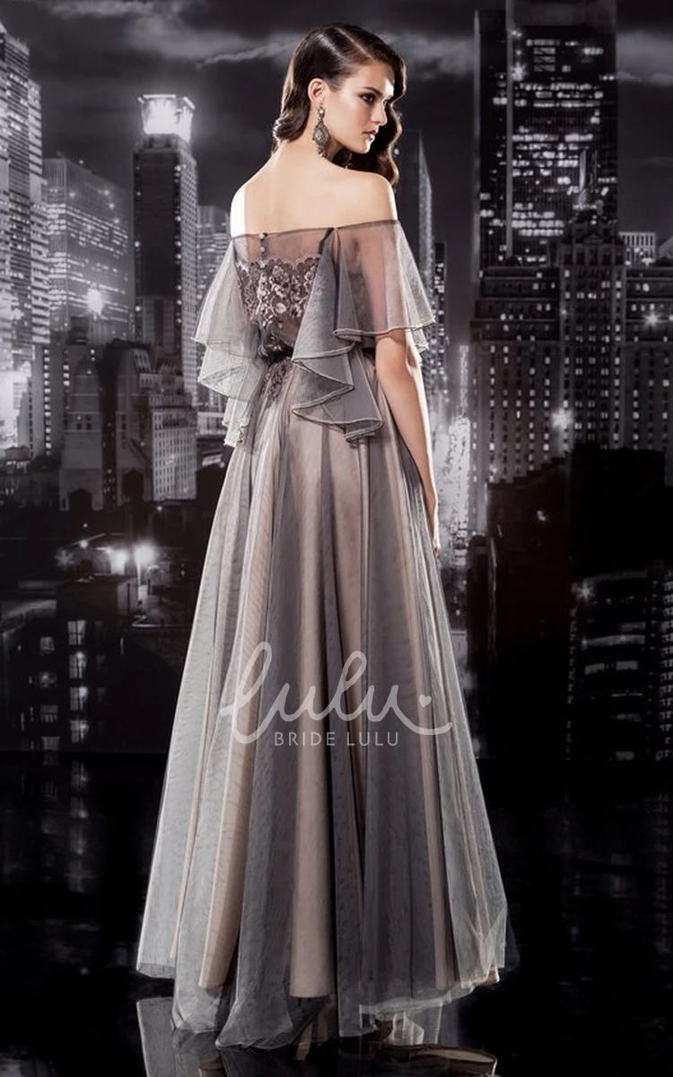 Off-The-Shoulder Tulle Prom Dress with Short Sleeves Illusion and Pleated Appliques