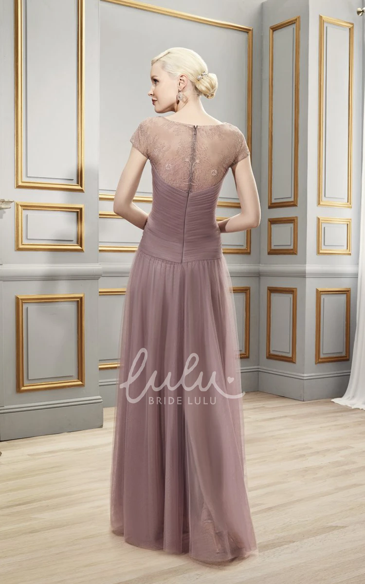 Ruched V-Neck Tulle Floor-Length Formal Formal Dress with Illusion Back