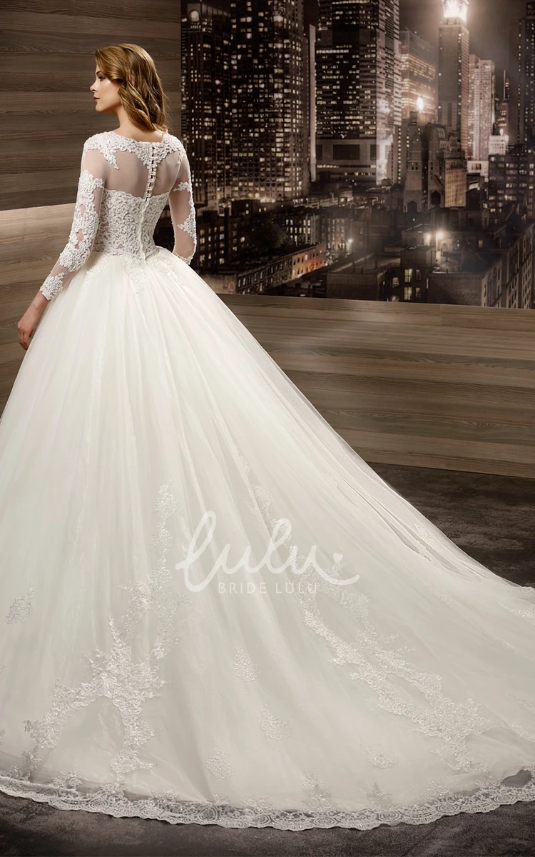 Long-Sleeve A-Line Wedding Dress with Lace Appliques Bodice and Brush Train