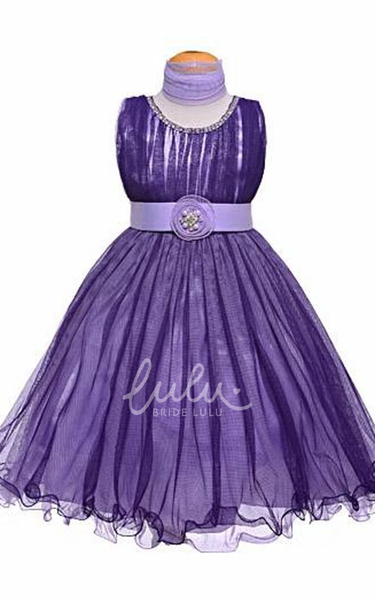 Tiered Tulle and Satin Flower Girl Dress Tea-Length Jewel