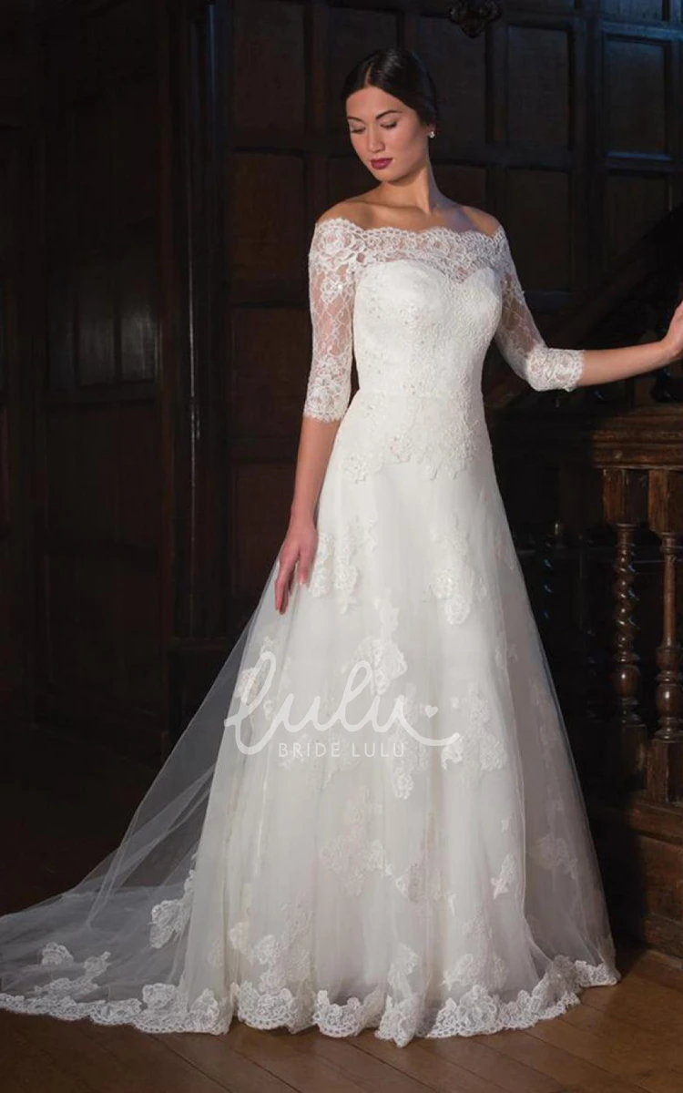 A-Line Illusion Lace&Tulle Wedding Dress with Off-The-Shoulder Sleeves