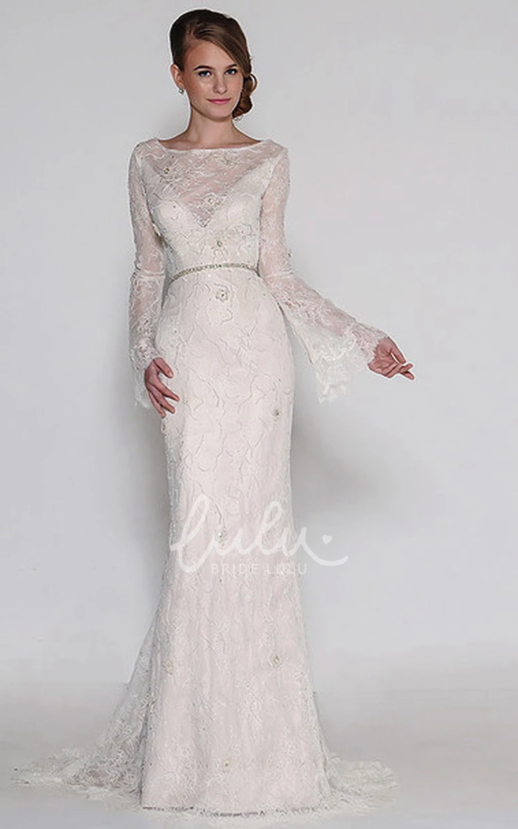 Bell-Sleeve Lace Wedding Dress with Sweep Train Bateau Neckline and Backless Design