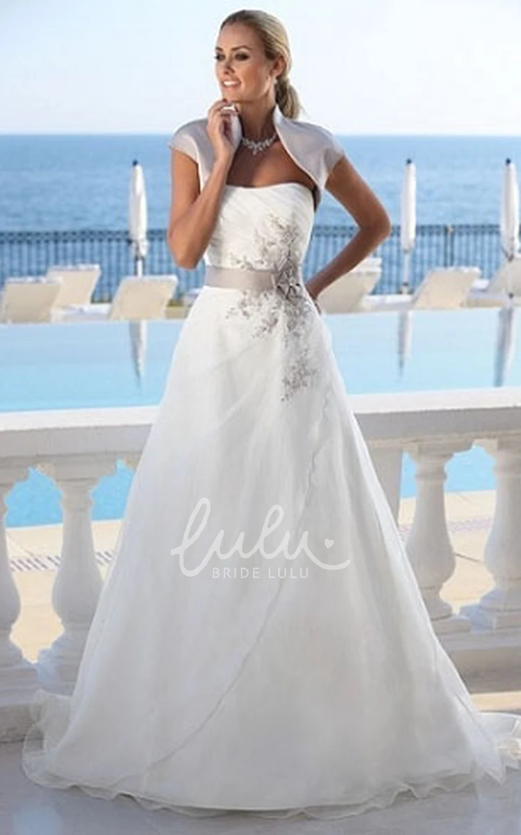 Cap-Sleeve Organza Wedding Dress with Appliques A-Line Floor-Length