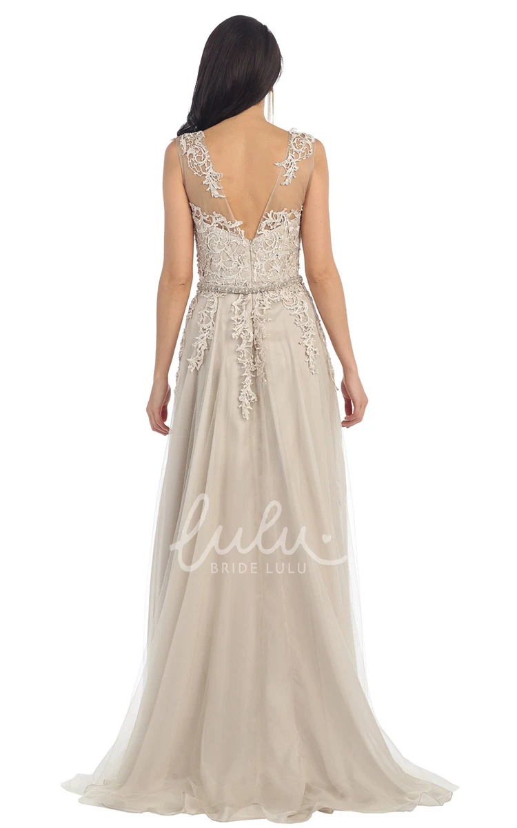 A-Line Tulle Lace Formal Dress with Scoop Neck and Low-V Back