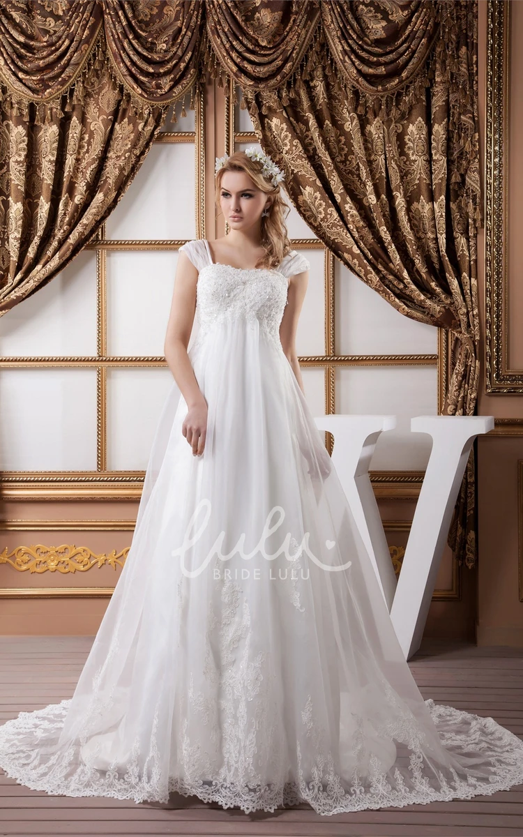 Empire A-Line Tulle Lace Wedding Dress with Cap Sleeves and Beading