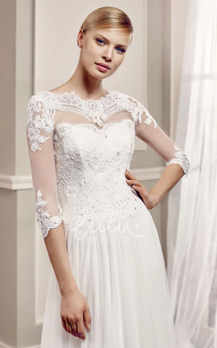 Half Sleeve Tulle Bateau Wedding Dress with Beaded Details Classy Bridal Gown