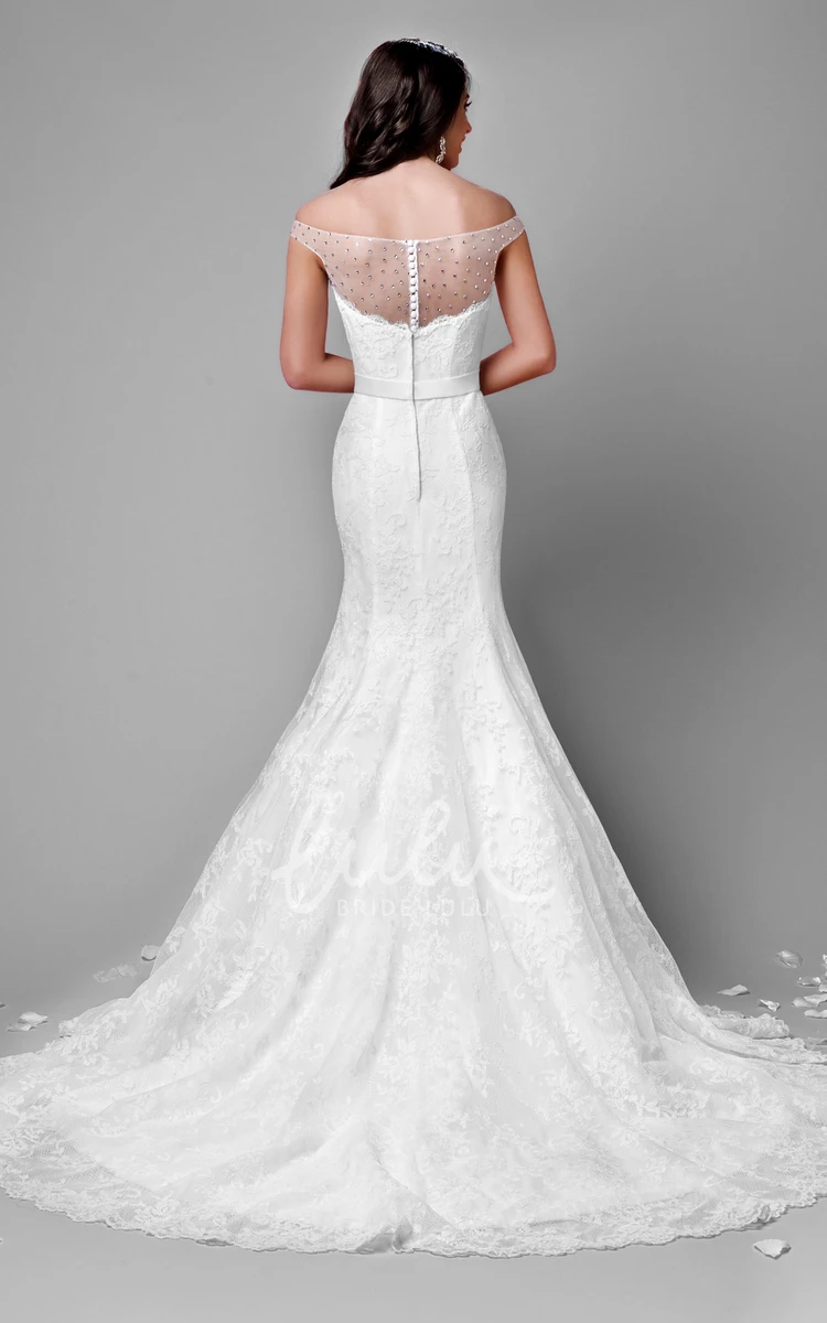 Sequin Illusion Back Off-The-Shoulder Lace A-Line Wedding Dress