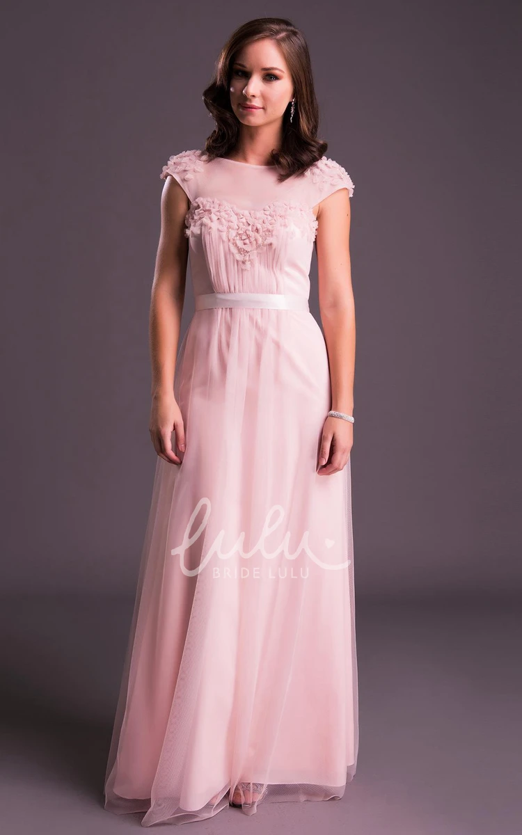 Cap-Sleeve Jewel-Neck Tulle Prom Dress with Ruching and Floral Detail Elegant Prom Dress