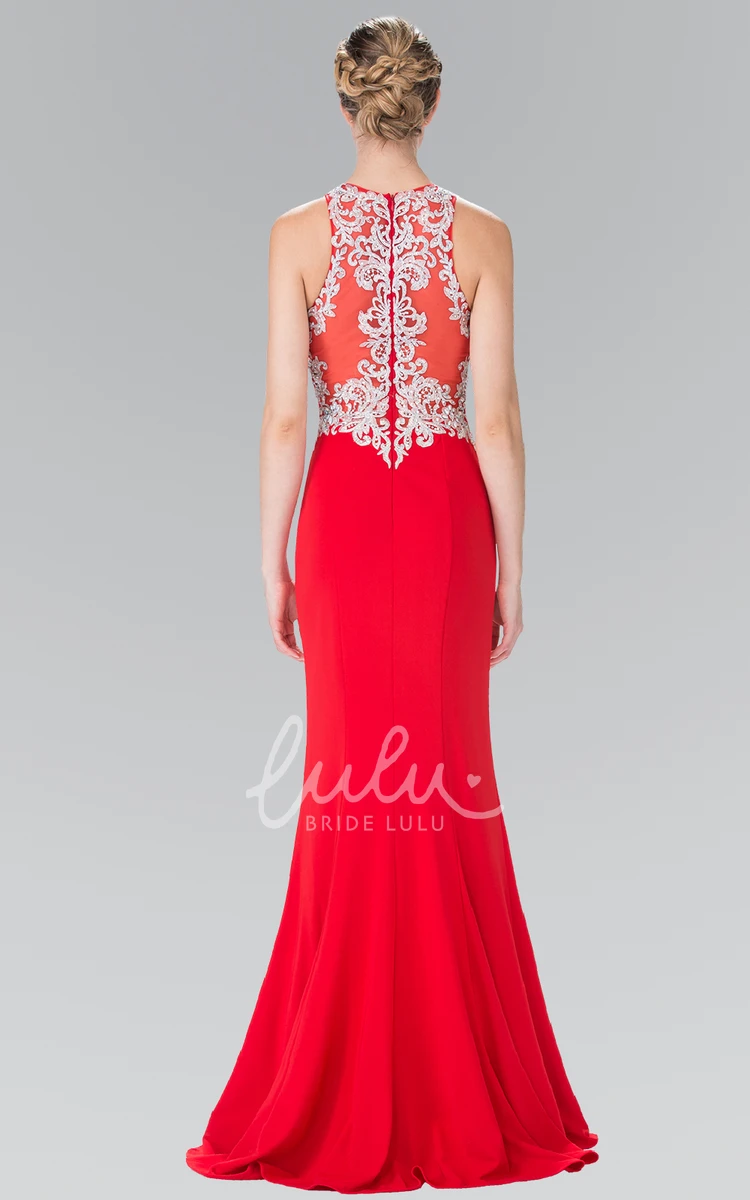 Sleeveless Sheath Jersey Illusion Dress with Beading and Appliques Elegant Formal Dress