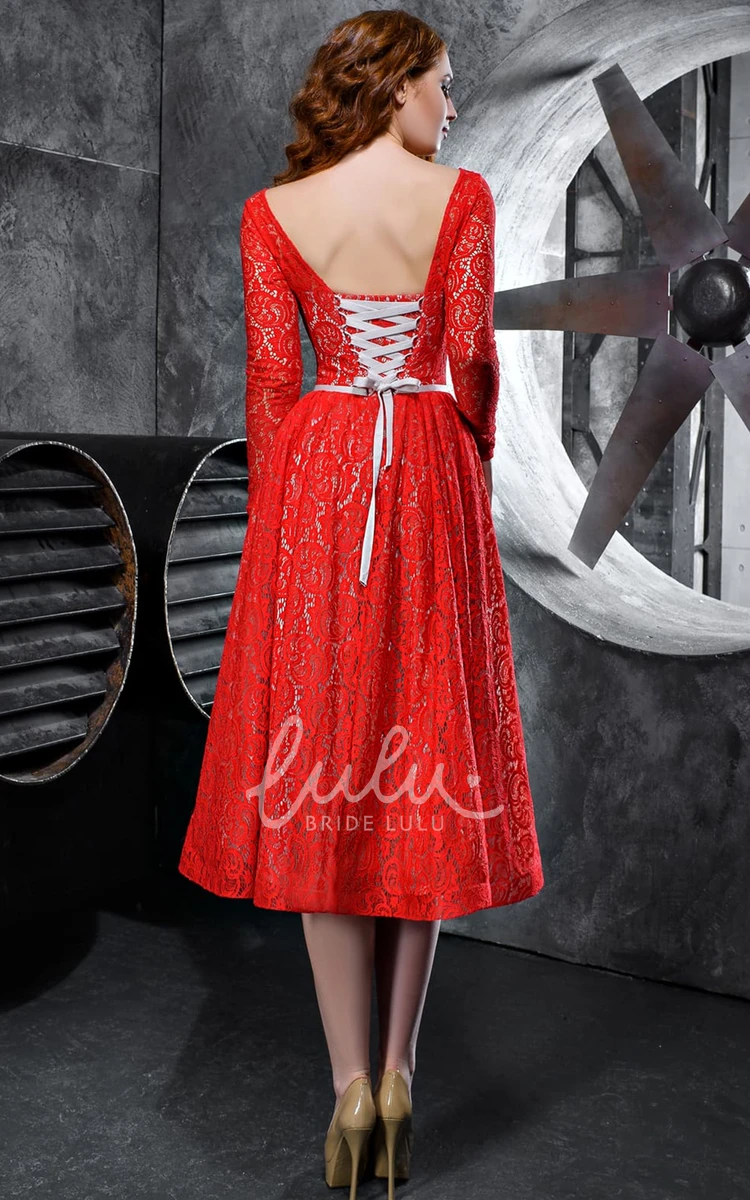 Simple Tea-length Evening Dress with Sash A Line Lace Bateau Dress