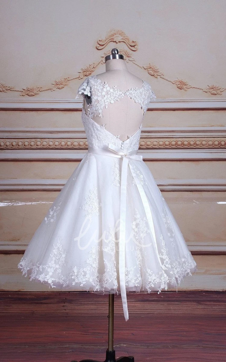 Cap Sleeve Tea-Length Tulle Lace Satin Dress with Keyhole Back Classy Bridesmaid Dress