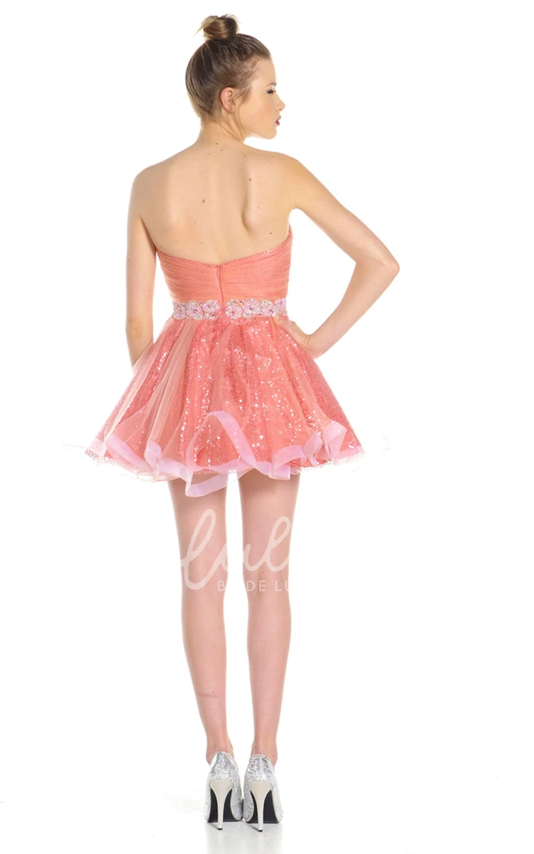 A-Line Sweetheart Sequin and Tulle Prom Dress Sleeveless Mini with Waist Jewelry