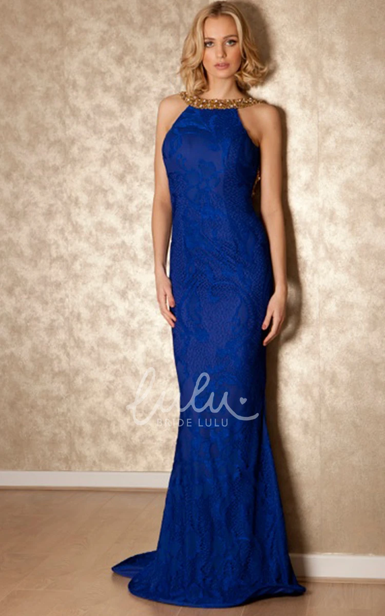 High Neck Beaded Lace Prom Dress with Brush Train Sleeveless