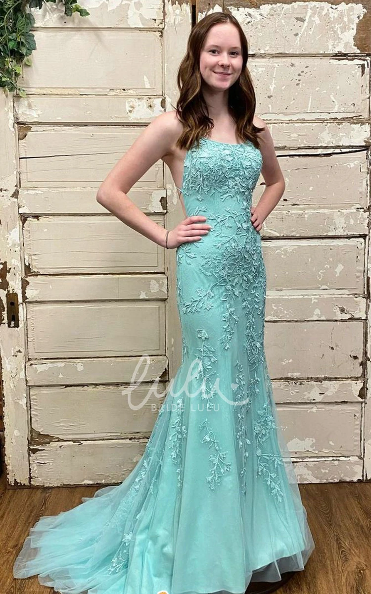Lace Mermaid Formal Dress with Appliques and Open Back