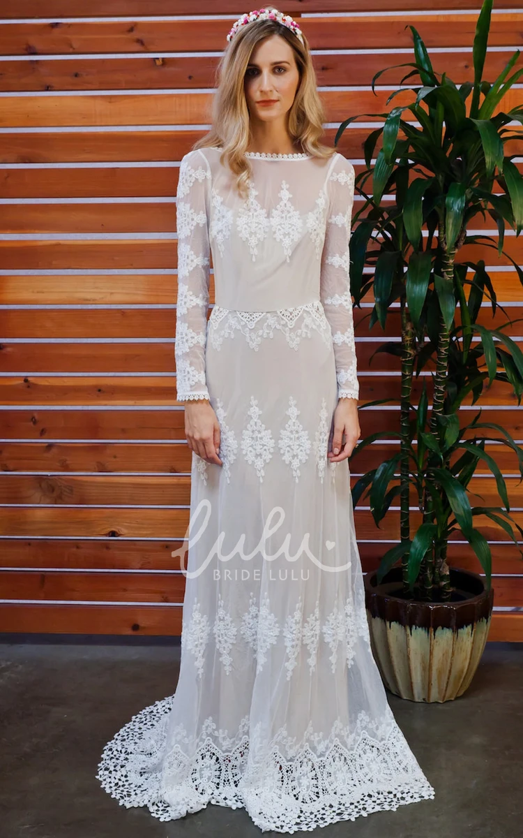 Modest Vintage Boho Long Sleeve Lace Sheath Wedding Dress Rustic Beach Country Boat Neck Low-V Back Sweep Train Bridal Gown