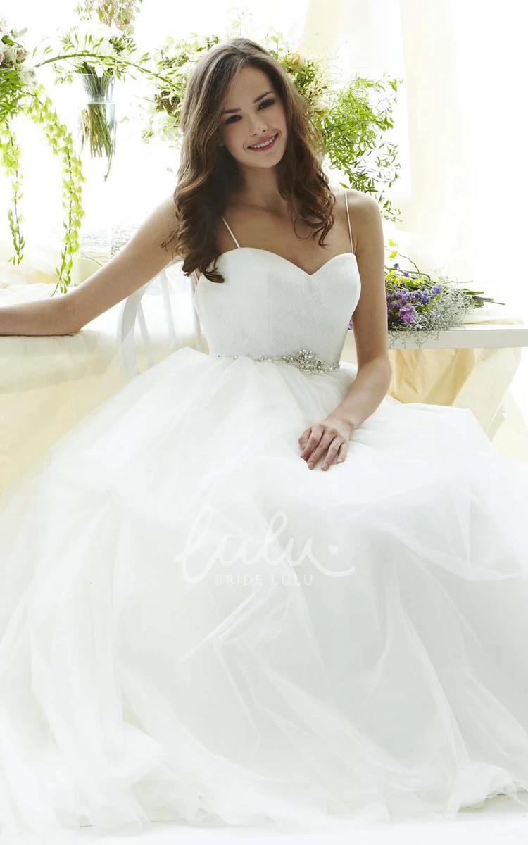 Spaghetti Jeweled Tulle Wedding Dress with Sweep Train Gorgeous Bridal Gown