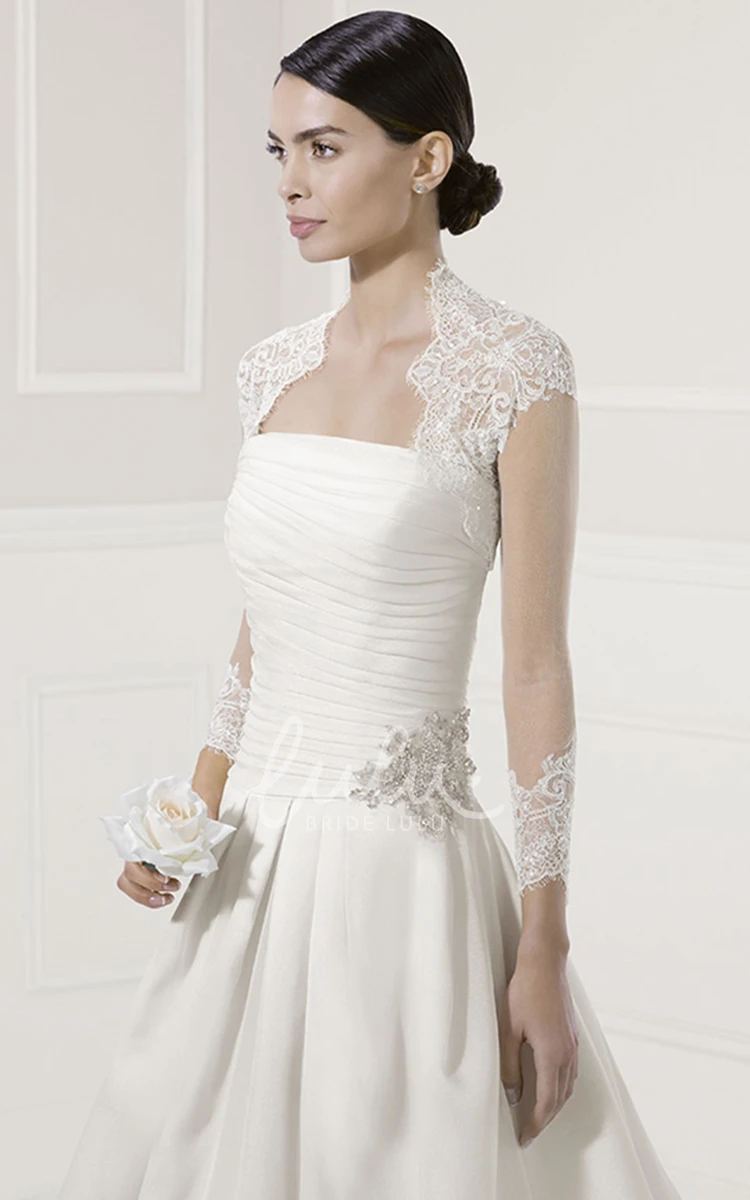 A-Line Strapless Bridal Gown with Ruched Bodice and Lace Jacket