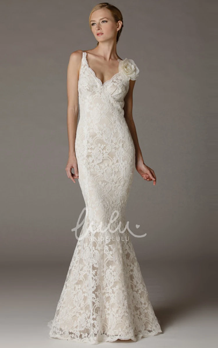 Trumpet Long Lace Wedding Dress Appliqued V-Neck Sleeveless Flower