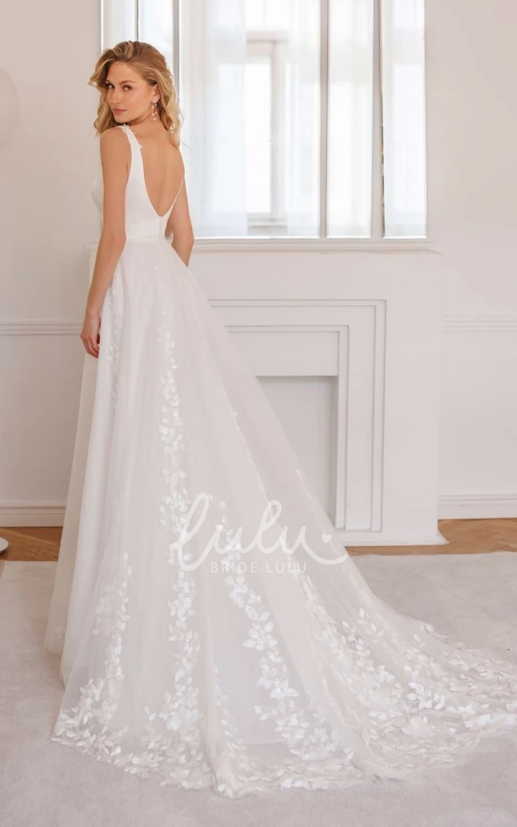 A Line Romantic Floral Lace Tulle Winter Wedding Dress Casual Satin Sleeveless Bateau V-Back Bridal Train Gown