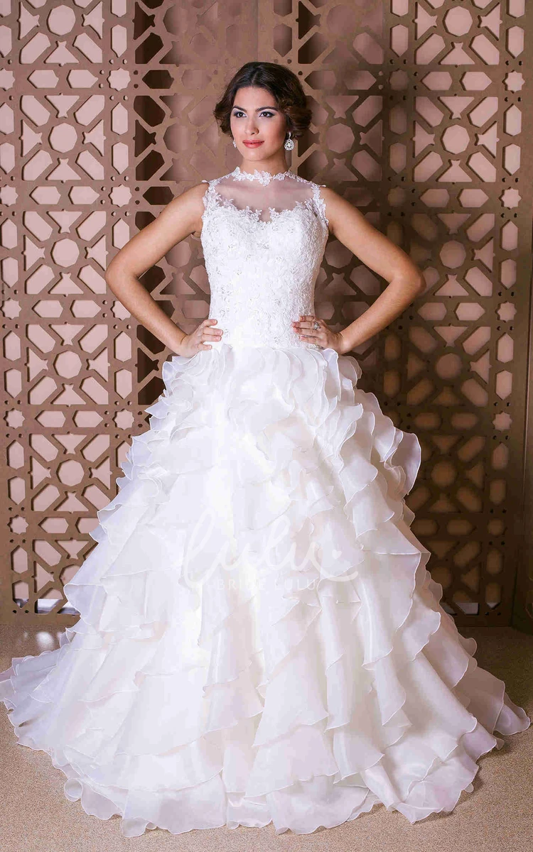 Sleeveless A-Line Organza Wedding Dress with Appliques and Ruffles Unique Bridal Gown