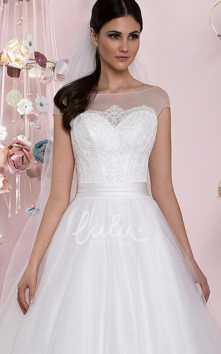 Tulle Cap Sleeve Ball Gown Wedding Dress Appliqued Bateau Neck