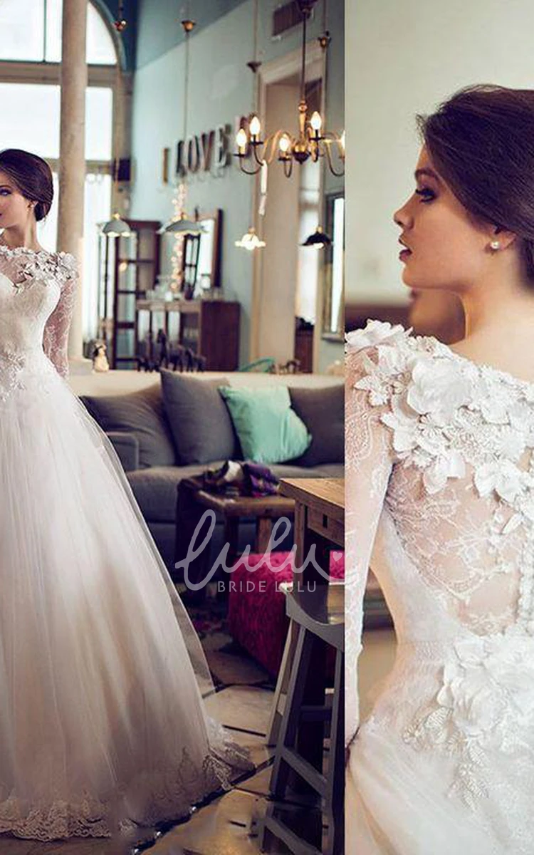 Flower Lace Long Sleeve Tulle Wedding Dress with Bateau Neckline