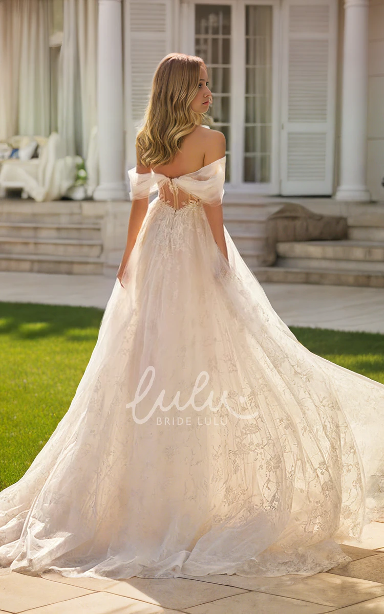 Ethereal Flowers Plunging Neckline Off-the-shoulder A-Line Lace Tulle Wedding Gown Sexy Romantic Sleeveless Floor-length Open Back Bridal Dress